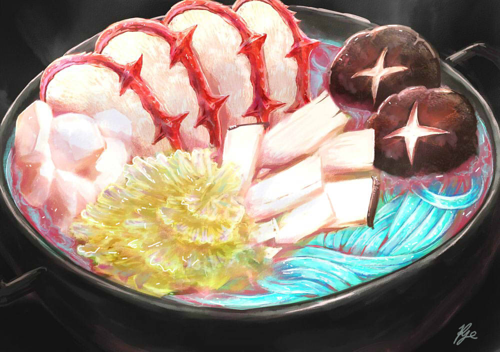dungeon_meshi, food, hotpot, meat, mushroom, nabe, no_humans, pot
