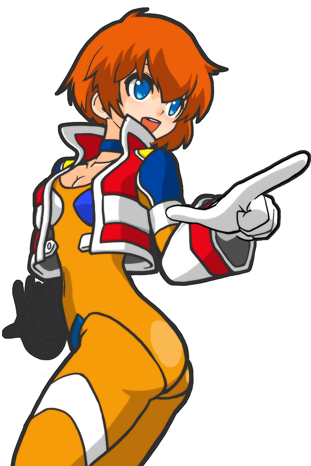 1girl, blue_eyes, bodysuit, breasts, burning_rangers, cleavage, pointing, redhead