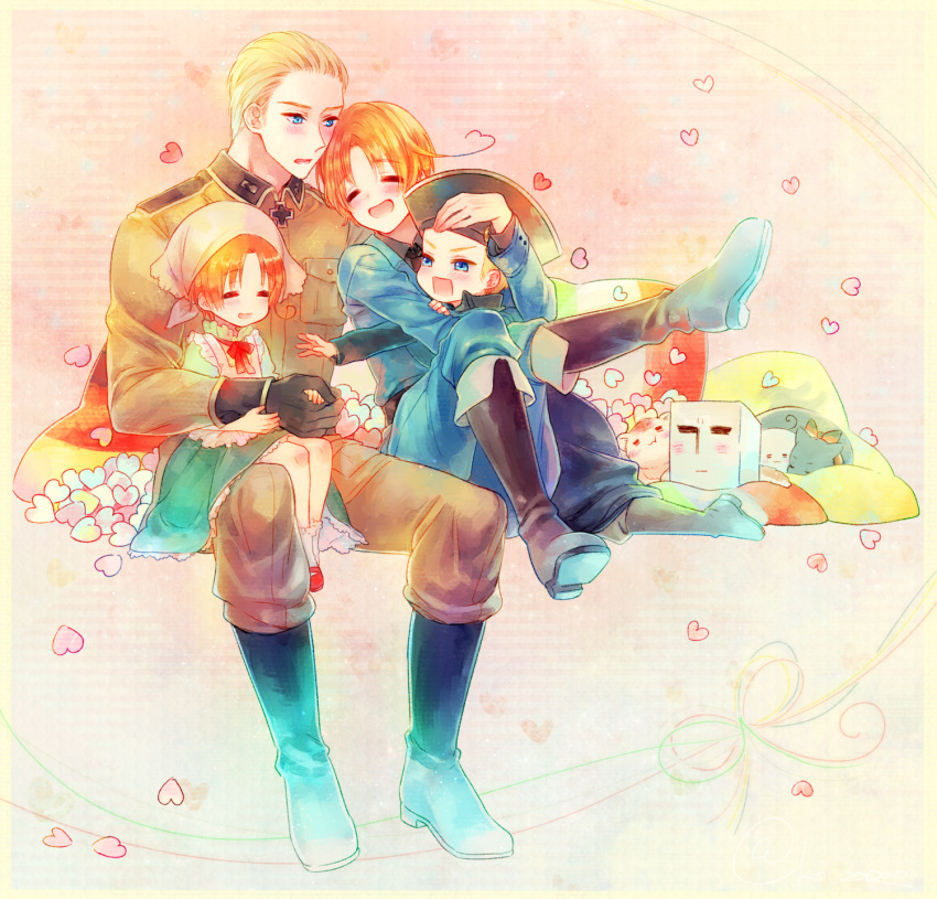 4boys, =_=, ahoge, axis_powers_hetalia, blonde_hair, blue_eyes, boots, cat, chibitalia_(hetalia), crossdressinging, dress, germany_(hetalia), germany_(nekotalia), heart, highres, holy_roman_empire_(hetalia), knee_boots, male_focus, military, military_uniform, multiple_boys, multiple_persona, nishiki_koi, northern_italy_(hetalia), northern_italy_(nekotalia), open_mouth, orange_hair, sitting, sitting_on_lap, sitting_on_person, smile, time_paradox, uniform, younger