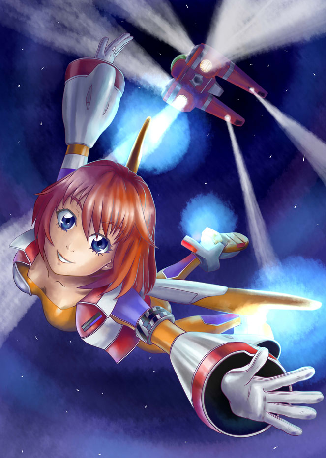 1girl, blue_eyes, bodysuit, breasts, burning_rangers, cleavage, hovercraft, redhead, sega, smile, spotlight, tillis