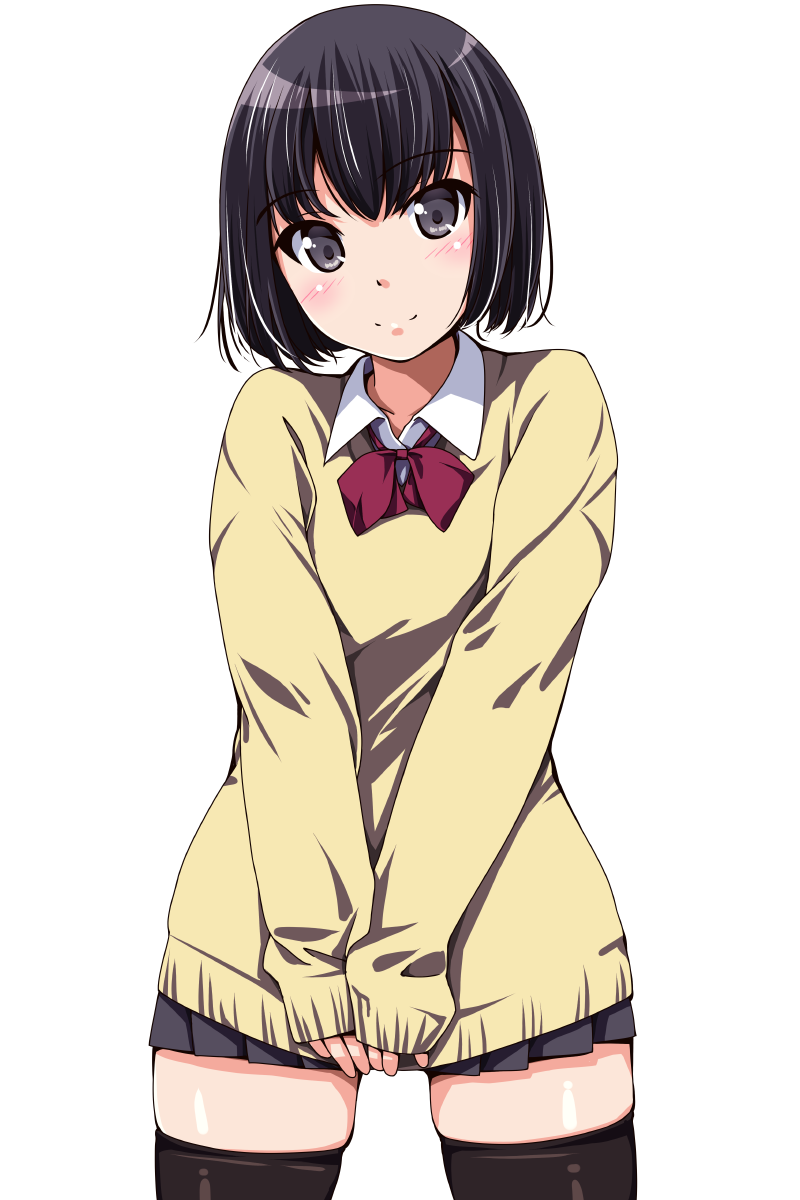 1girl, black_hair, black_legwear, black_skirt, blush, bow, bowtie, closed_mouth