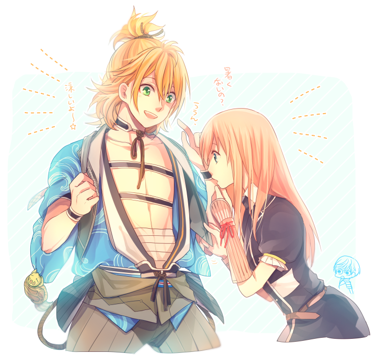 2boys, armor, blonde_hair, blue_eyes, crossdressinging, dress, green_eyes, ichigo_hitofuri