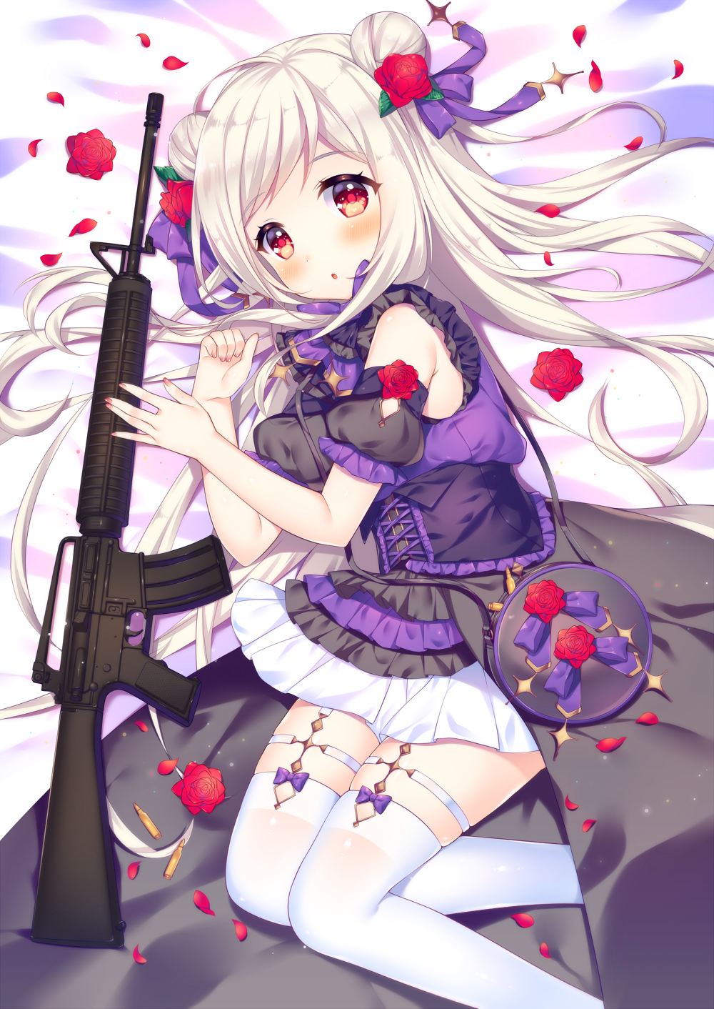 1girl, :o, bare_shoulders, bed_sheet, blush, bow, cartridge, detached_sleeves