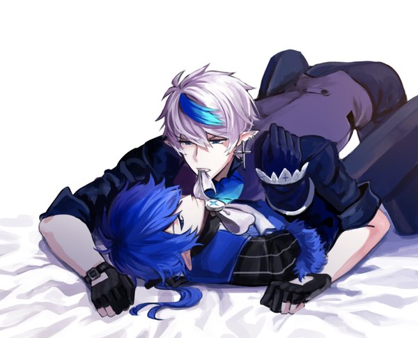 2boys, bed_sheet, black_gloves, blue_hair, ciel_(elsword), cross, cross_earrings, dreadlord_(elsword)