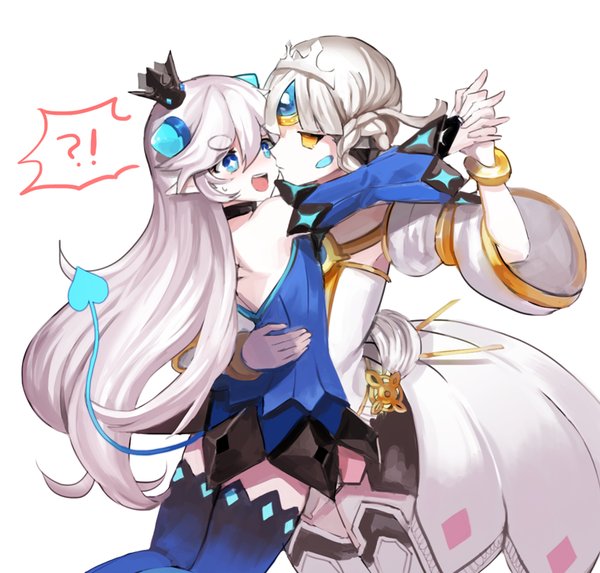 !?, 2girls, blue_eyes, blue_legwear, braid, choker, code:_empress_(elsword), crown