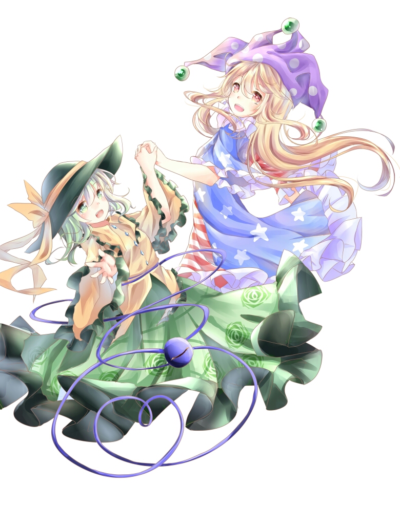 2girls, :d, american_flag_dress, blonde_hair, clownpiece, collar, dress, eyeball