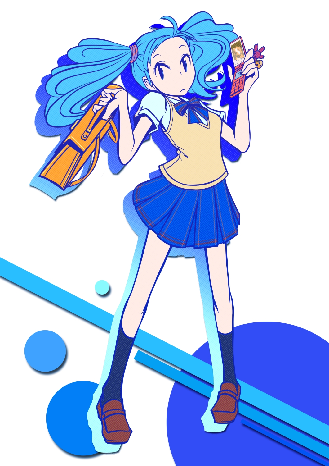 blue_hair, cellphone, flat_color, hands, highres, original, phone, school_bag