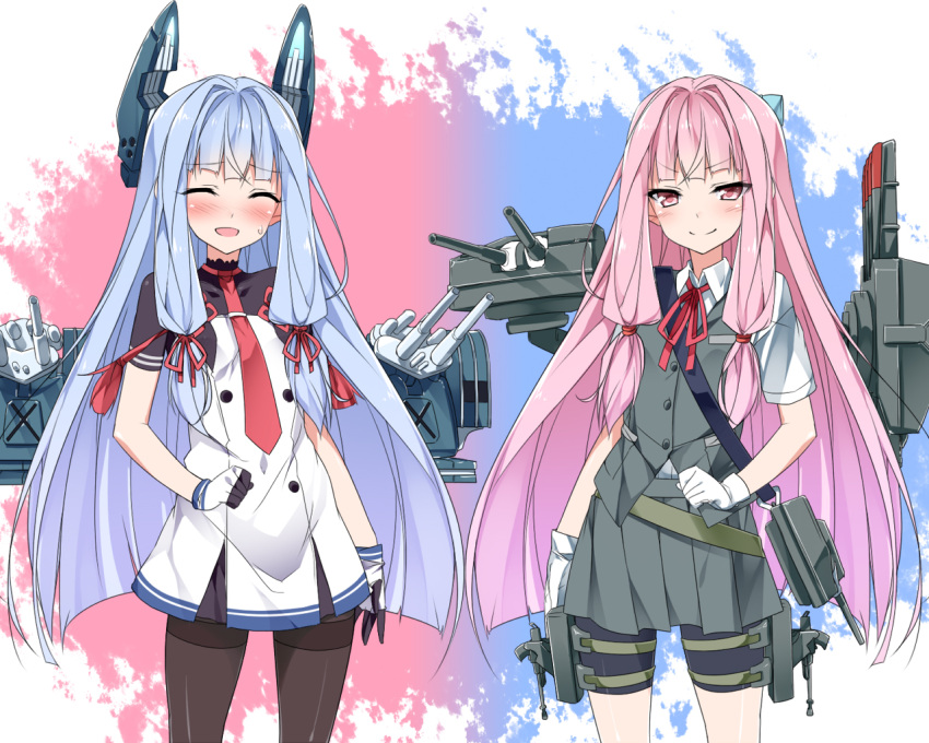 >:), 2girls, arm_at_side, bangs, belt, blue_ribbon, blunt_bangs, blush