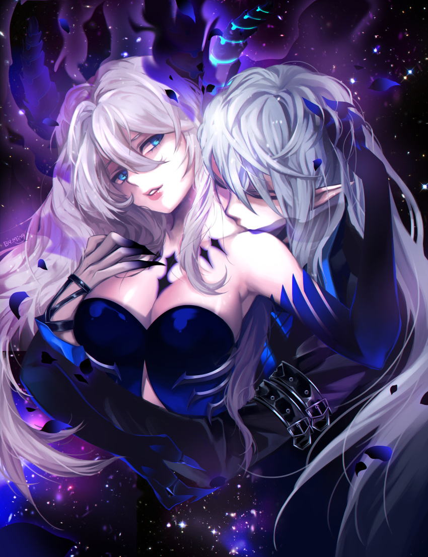 +_+, 1girl, absurdres, arm_belt, artist_name, bare_shoulders, belt, blue_eyes, blue_hair, breasts, ciel_(elsword), cleavage, closed_eyes, demonio_(elsword), diabla_(elsword), elsword, fingernails, grey_hair, hair_between_eyes, hand_in_hair, hand_on_another's_head, head_tilt, hetero, highres, horns, hug, hug_from_behind, kiss, large_breasts, light_particles, long_fingernails, long_hair, looking_to_the_side, luciela_r._sourcream, ming_(wldi0132), neck_kiss, older, pale_skin, parted_lips, petals, pointy_ears, sharp_fingernails, signature, smile, space_print, strapless, upper_body, white_hair