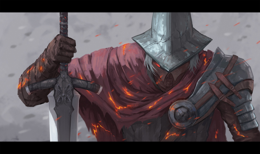 abyss_watcher, cape, dark_souls_iii, glowing, glowing_eyes, helmet, highres, ikastep, letterboxed, red_eyes, souls_(from_software), spaulders, sword, weapon, white_hair