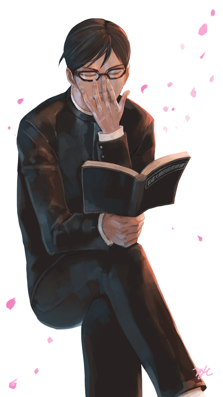 1boy, 21yc_(september_breeze), adjusting_glasses, black_hair, book, cherry_blossoms, closed_eyes, gakuran