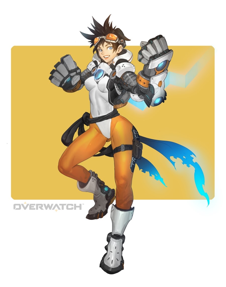 1girl, alternate_costume, bodysuit, boots, brown_hair, nax, overwatch, power_fist, sash, solo, spiky_hair, tracer_(overwatch)