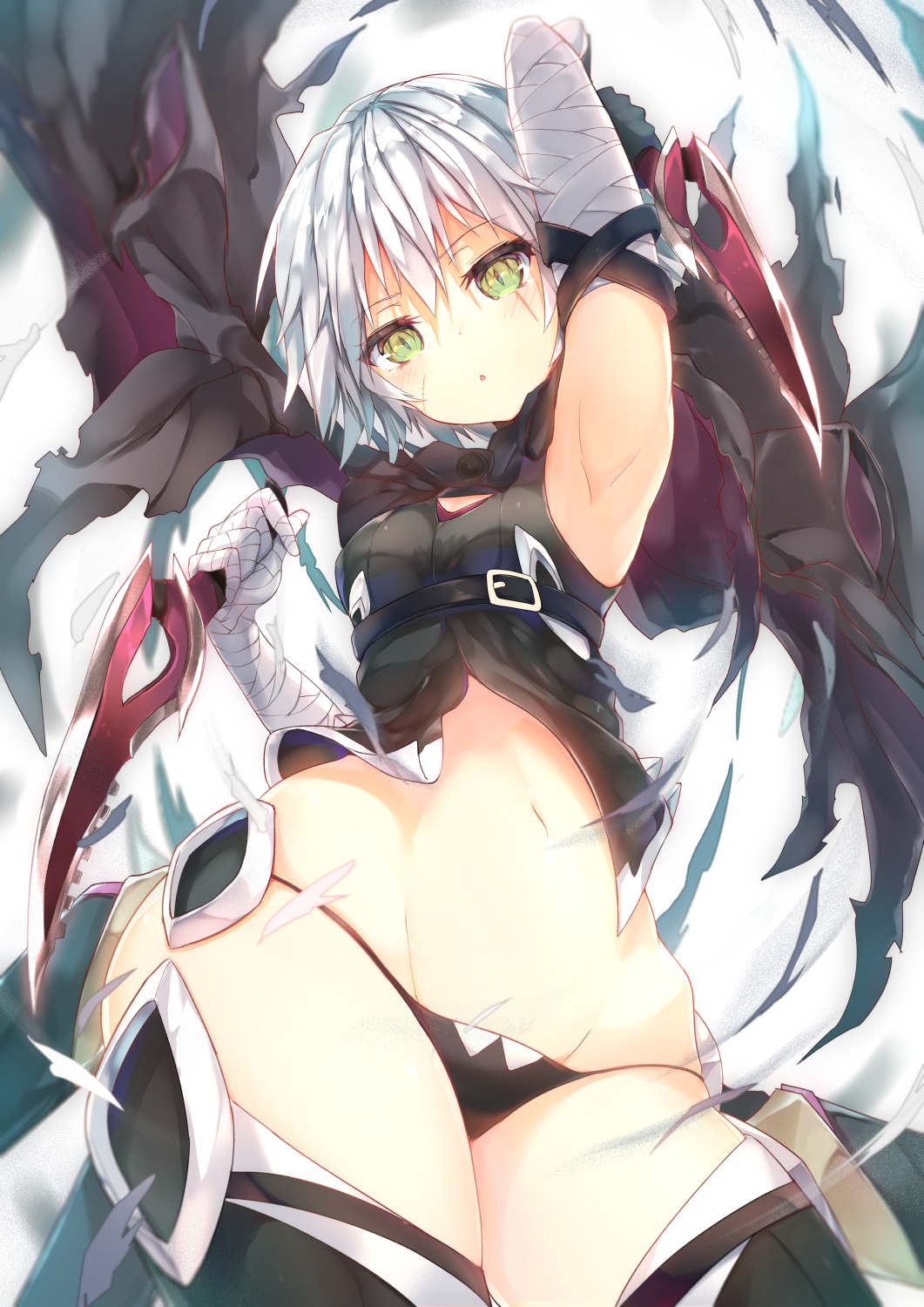 1girl, :o, arm_up, armpits, assassin_of_black, bandages, bangs, belt