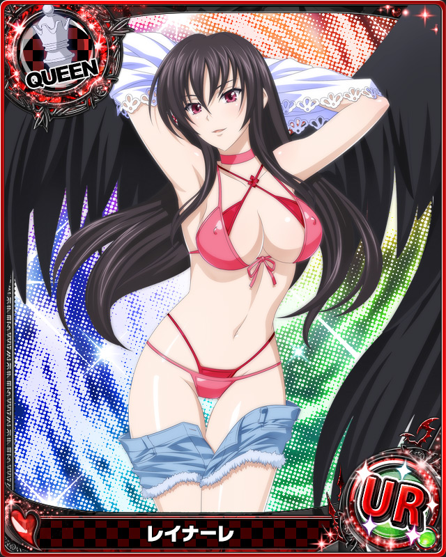 1girl, armpits, arms_up, bikini, black_hair, black_wings, breasts, card_(medium)