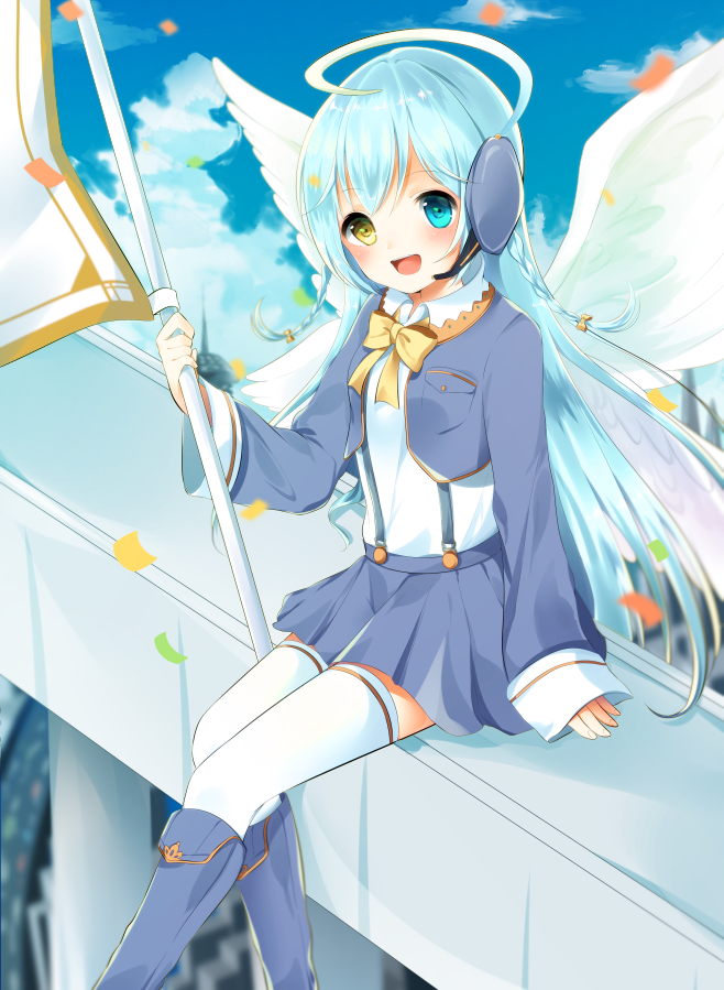 1girl, angel_wings, blue_hair, boots, braid, clouds, confetti, flag
