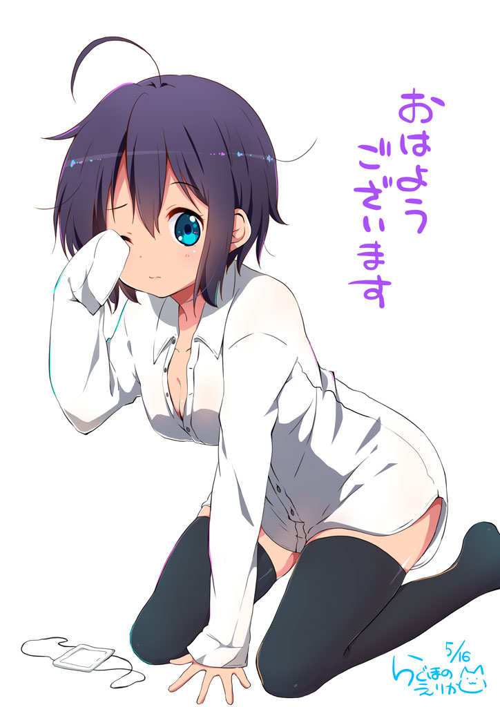 1girl, ;(, artist_name, black_legwear, blue_eyes, blush, breasts, chuunibyou_demo_koi_ga_shitai!