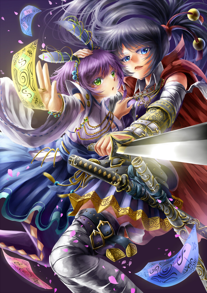 2girls, animal_ears, black_hair, blue_eyes, bracer, cape, detached_sleeves, fake_animal_ears, green_eyes, hair_tubes, hairband, hand_on_another's_chest, hand_on_another's_head, hug, japanese_clothes, jewelry, katana, long_hair, looking_at_viewer, miko, multiple_girls, nanakusagayu, open_mouth, original, pleated_skirt, ponytail, purple_hair, rabbit_ears, short_hair, simple_background, skirt, sword, talisman, thigh-highs, weapon, yuri, zettai_ryouiki