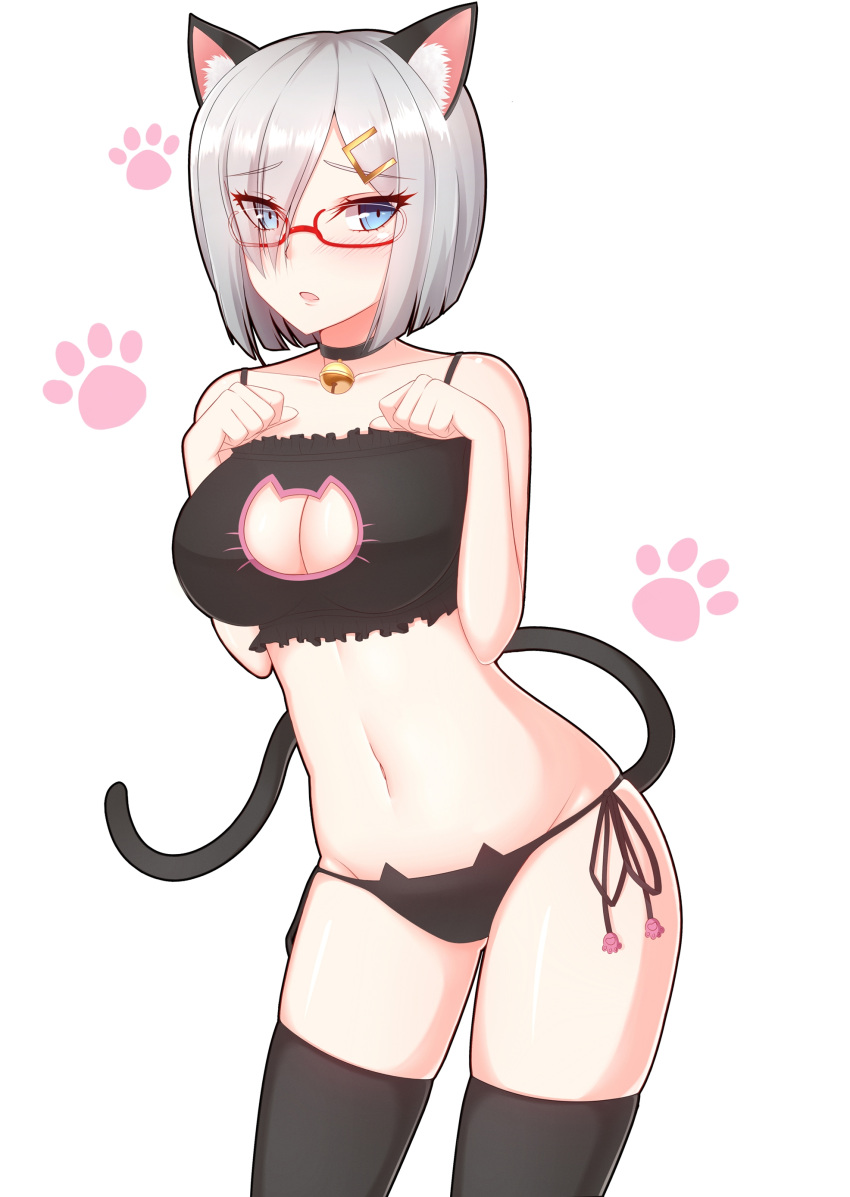 1girl, absurdres, animal_ears, blue_eyes, breasts, cat_ears, glasses, hair_ornament