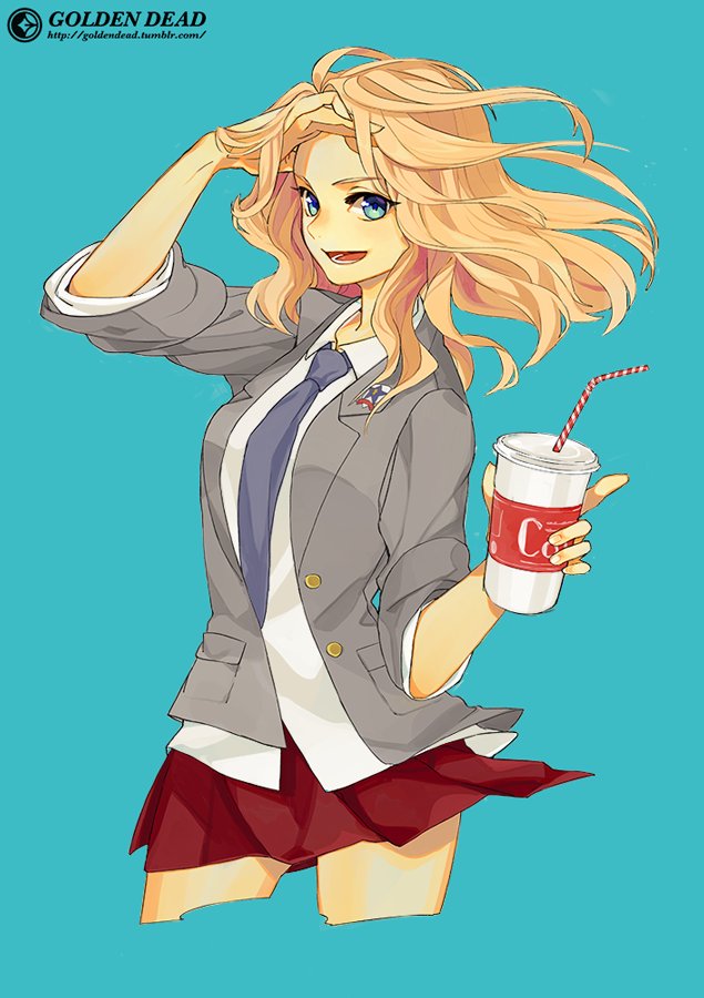 1girl, blonde_hair, blue_background, blue_eyes, girls_und_panzer, hand_in_hair, kajiwara_shikaji, kay_(girls_und_panzer)