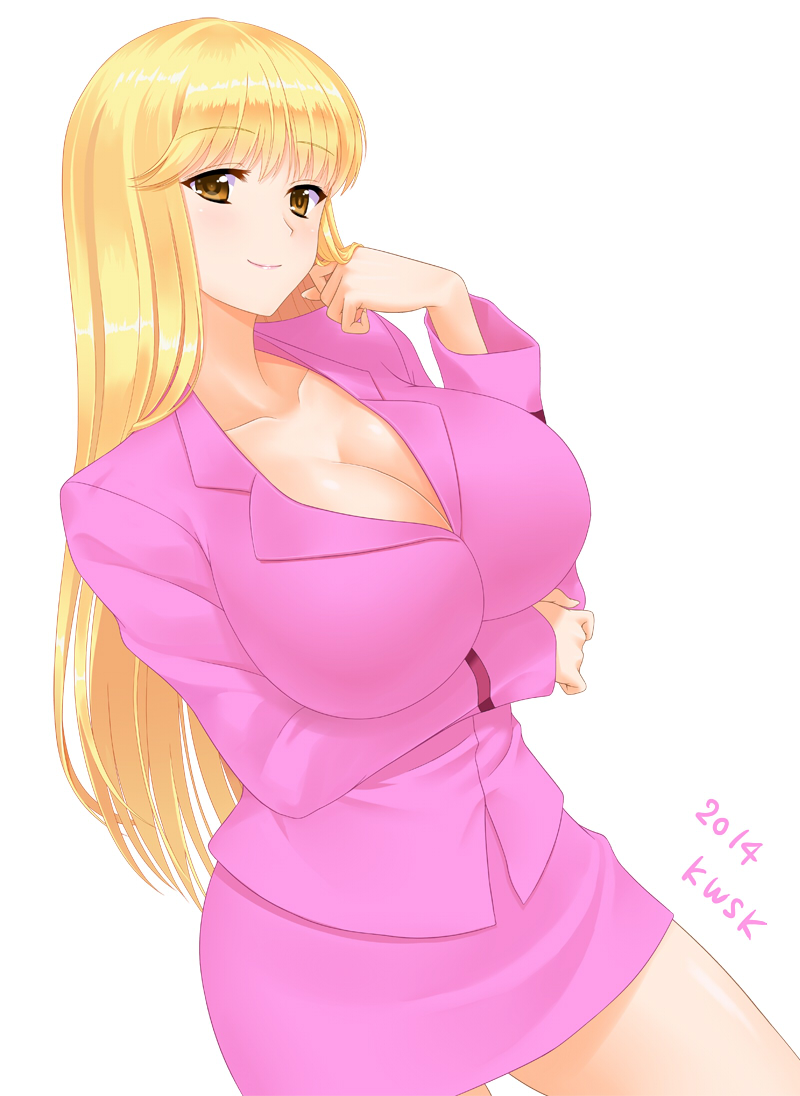 1girl, 2014, akimoto_katherine_reiko, artist_name, blonde_hair, blush, breast_hold, breasts, cleavage, collarbone, contrapposto, cowboy_shot, female, kochikame, kwsk, large_breasts, long_hair, long_sleeves, looking_at_viewer, miniskirt, office_lady, pink_skirt, shiny, shiny_skin, simple_background, skirt, skirt_set, smile, solo, thighs, white_background, yellow_eyes