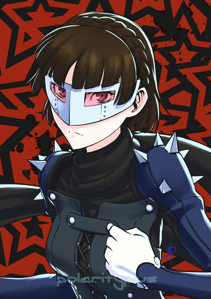1girl, armor, brown_hair, daniel_macgregor, looking_at_viewer, mask, niishima_makoto, persona