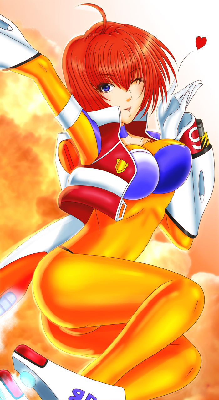 1girl, ahoge, blown_kiss, blue_eyes, bodysuit, breasts, burning_rangers, curvy