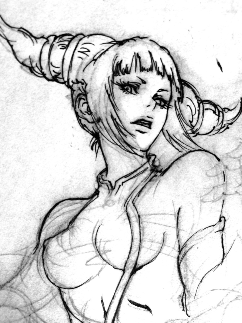 1girl, black_hair, bracelet, breasts, drill_hair, ds_(ds310), dudou, halter_top, halterneck, han_juri, highres, jewelry, sideboob, sketch, solo, street_fighter, street_fighter_iv, super_street_fighter_iv, twin_drills