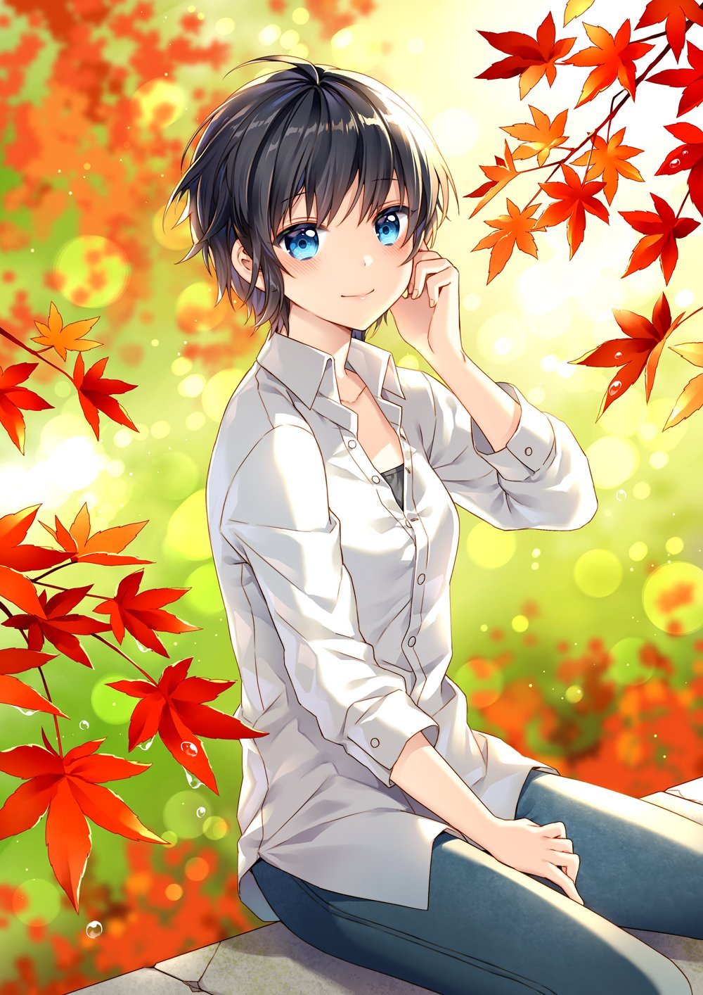 1girl, autumn, autumn_leaves, bangs, bare_legs, black_hair, blue_eyes, blush