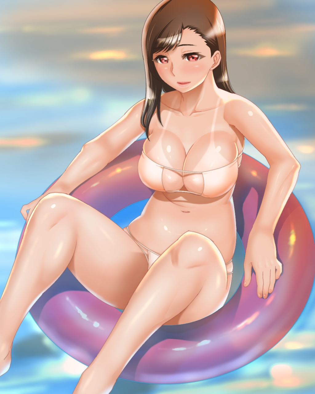 1girl, arm_support, bad_anatomy, bad_leg, bare_shoulders, collarbone, highres, innertube