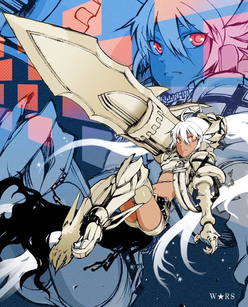 armor, bad_id, black_rock_shooter, boots, chain, chains, fang, flat_chest