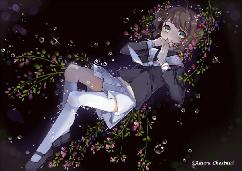 1girl, ahoge, aqua_eyes, black_background, black_shoes, brown_hair, cardcaptor_sakura, eve_kurigoyu, flower, full_body, green_eyes, hair_bobbles, hair_ornament, kinomoto_sakura, kneehighs, long_sleeves, mary_janes, no_nose, no_pupils, plant, school_uniform, serafuku, shoes, short_hair, skirt, sparkle, two_side_up, white_legwear, white_skirt