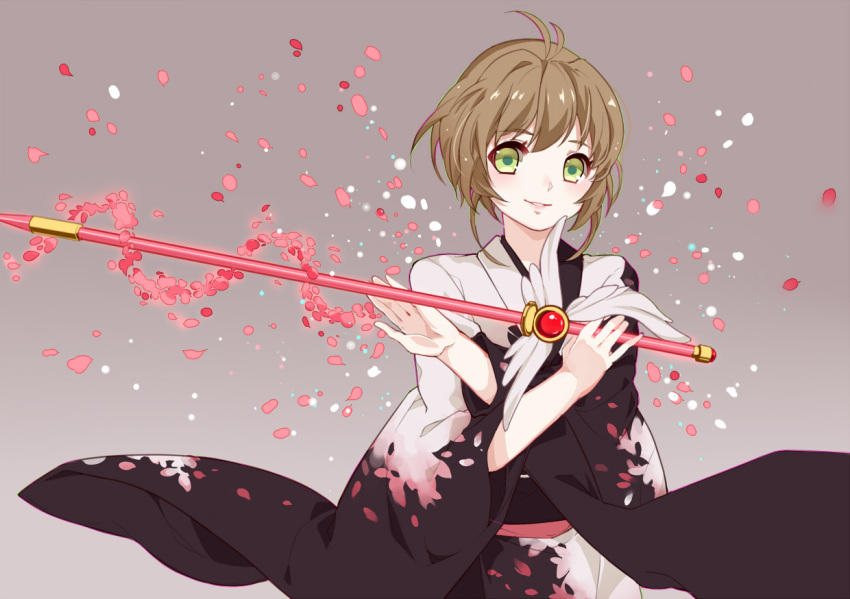 1girl, antenna_hair, brown_hair, cardcaptor_sakura, crossed_arms, eve_kurigoyu, fuuin_no_tsue, grey_background