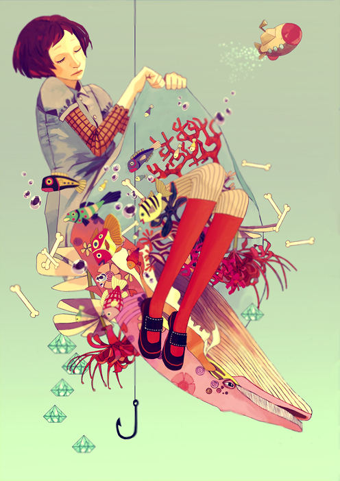 bone, bones, diamond, dress, fish, green_background, kneehighs, negiusagi