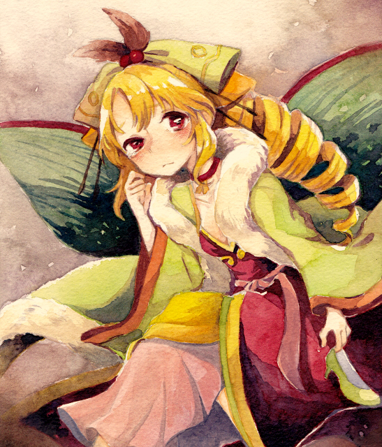 1girl, adjusting_hair, blonde_hair, dress, drill_hair, en_or, green_dress, hair_ribbon