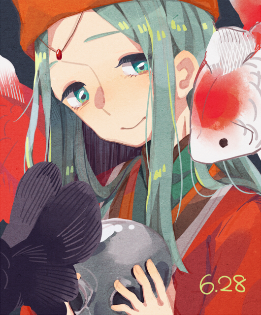 1boy, dated, dress, en_or, green_eyes, green_hair, hat, koi
