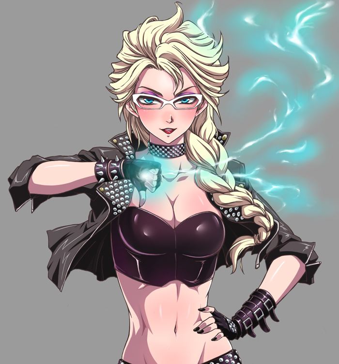 1girl, alternate_costume, bespectacled, black_nails, blonde_hair, blue_eyes, braid, breasts