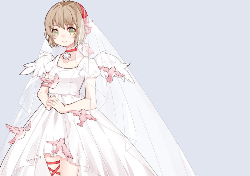 1girl, animal, bird, bridal_veil, cardcaptor_sakura, choker, cowboy_shot, dress