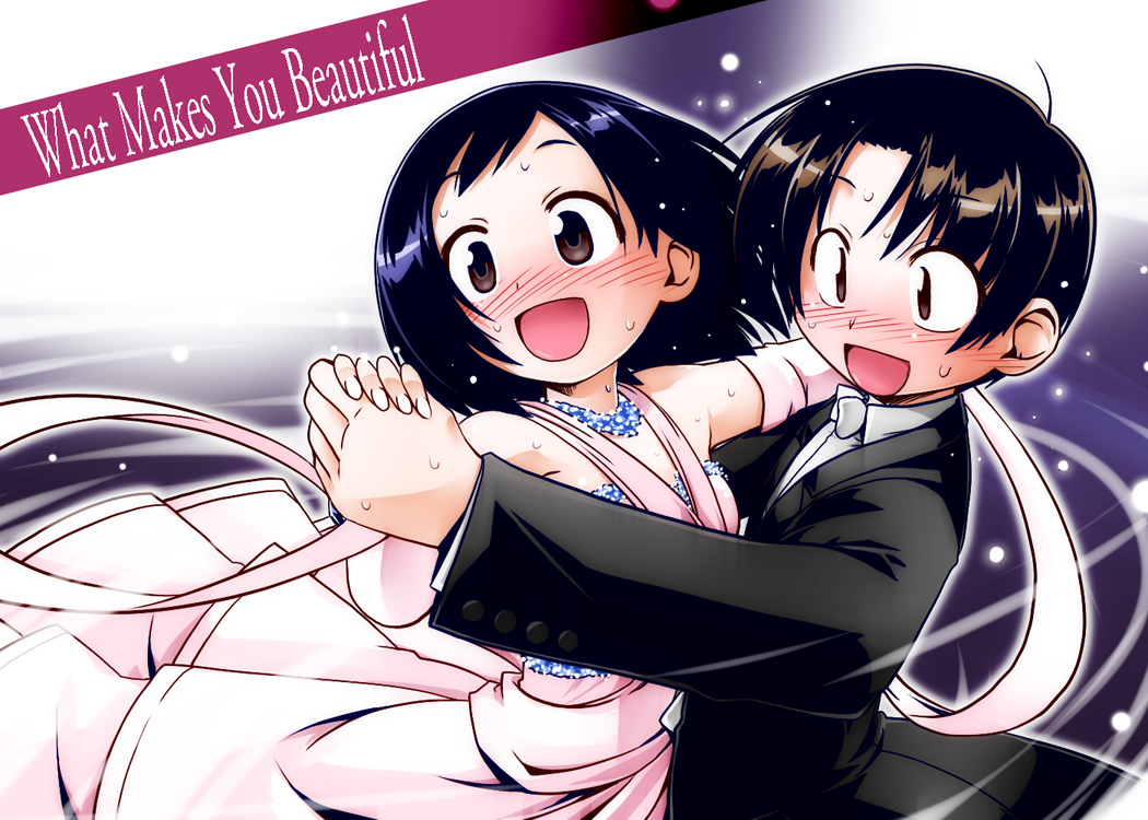 1boy, 1girl, black_hair, blush, brown_eyes, dancing, dress, formal, hisame_genta, open_mouth, sesuji_wo_pin!_to, short_hair, smile, suit, tsuchiya_masaharu, watari_eri