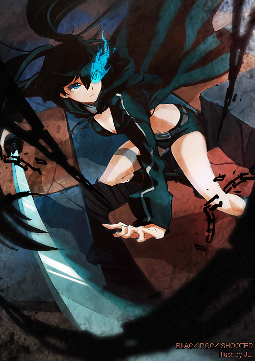 1girl, away, black_bikini_top, black_hair, black_rock_shooter, black_rock_shooter_(character), black_shorts, black_sweater, blue_eyes, breasts, burning_eyes, chain, checkered, checkered_floor, cleavage, holding, holding_sword, holding_weapon, long_hair, short_shorts, shorts, solo, sweater, sword, twintails, weapon