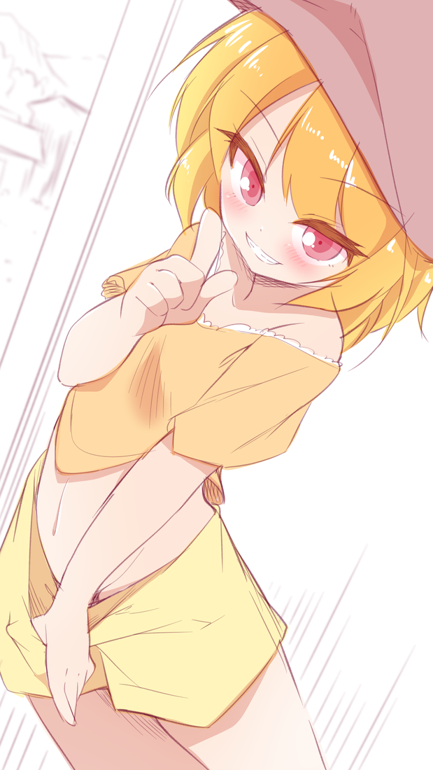 1girl, blonde_hair, cowboy_shot, downpants, grin, hachi_(chihagura), hat, looking_at_viewer