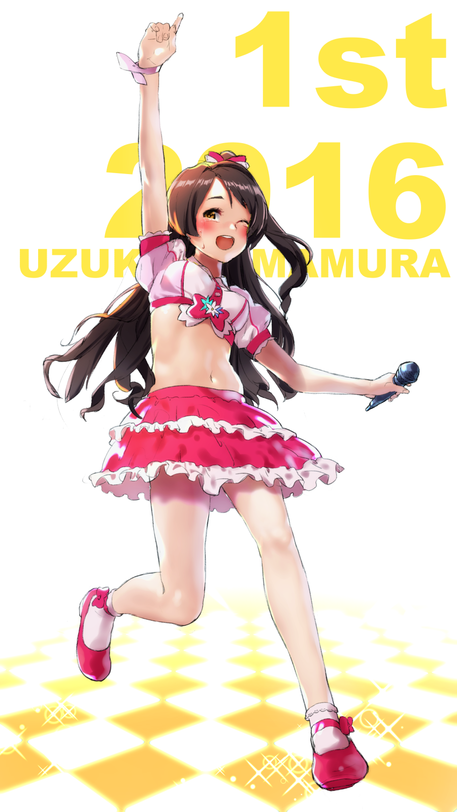 1girl, arm_up, brown_eyes, brown_hair, crop_top, highres, idolmaster, idolmaster_cinderella_girls