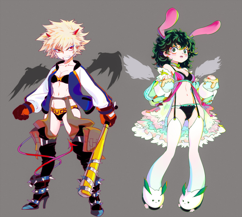 2girls, :d, angel_wings, animal_ears, animal_slippers, babydoll, bakugou_katsuki, bandeau, bangs, baseball_bat, black_boots, black_bra, black_legwear, black_panties, blonde_hair, boku_no_hero_academia, boots, bra, breasts, changye, chaps, cleavage, clenched_hands, clenched_teeth, demon_tail, demon_wings, freckles, frills, full_body, garter_belt, genderswap, genderswap_(mtf), gloves, green_eyes, green_hair, grey_background, hair_between_eyes, high_heel_boots, high_heels, highres, holding, holding_weapon, horns, jacket, legs_apart, long_sleeves, midoriya_izuku, midriff, multiple_girls, navel, off_shoulder, open_clothes, open_jacket, open_mouth, panties, rabbit_ears, short_hair, simple_background, smile, spikes, standing, strapless, suspenders, tail, teeth, thigh-highs, toned, underwear, wavy_hair, white_legwear, wings