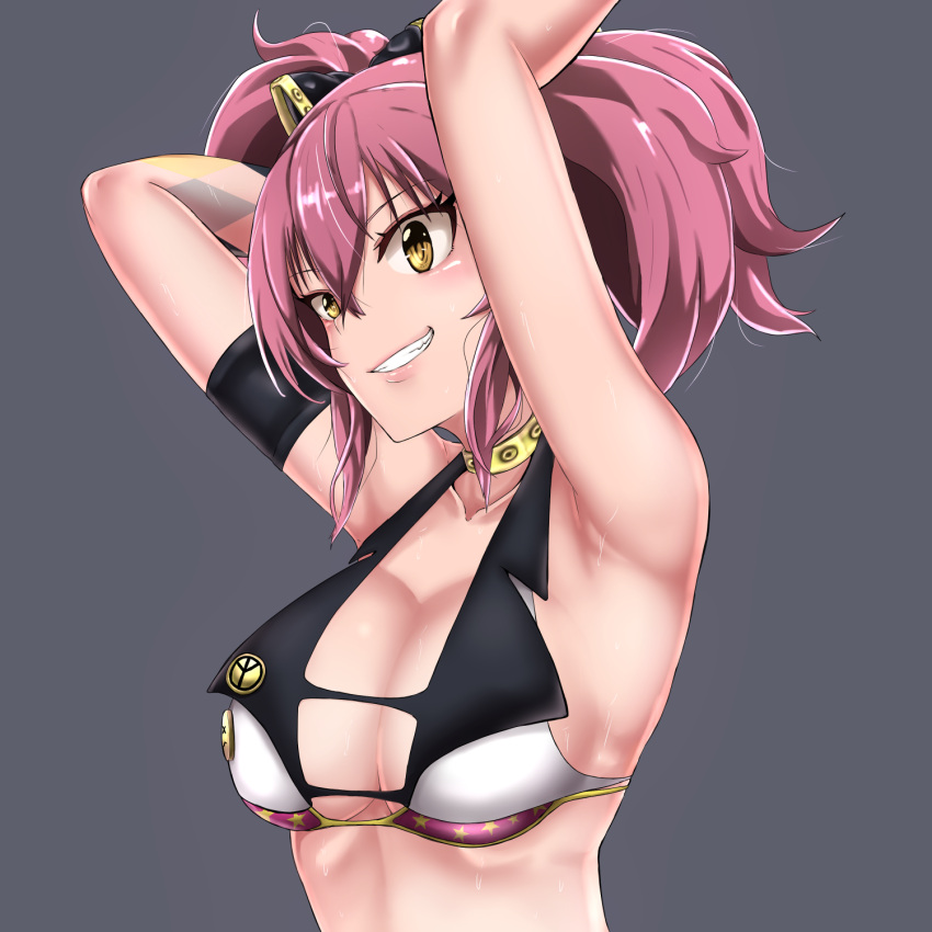 1girl, armband, armpits, arms_up, bare_shoulders, breasts, choker, cleavage