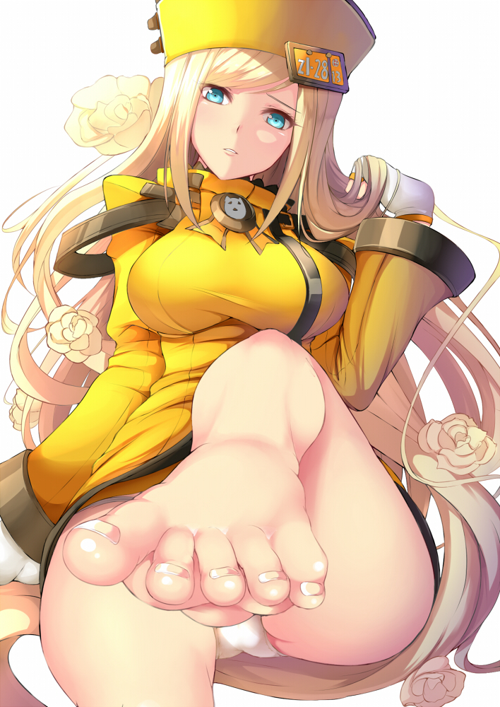 1girl, bangs, barefoot, blonde_hair, blue_eyes, blurry, breasts, fay