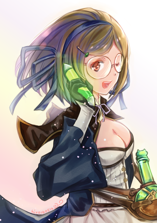 1girl, ;d, alchemist_(granblue_fantasy), black_gloves, blonde_hair, breasts, capelet, cleavage