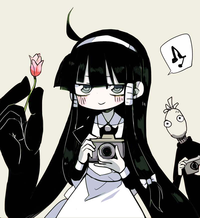 1girl, absurdly_long_hair, ahoge, black_hair, blush, bow, camera, dress