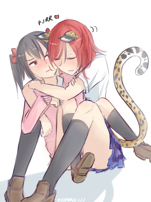 2girls, artist_name, black_hair, blush, cat_tail, closed_eyes, commentary, heart