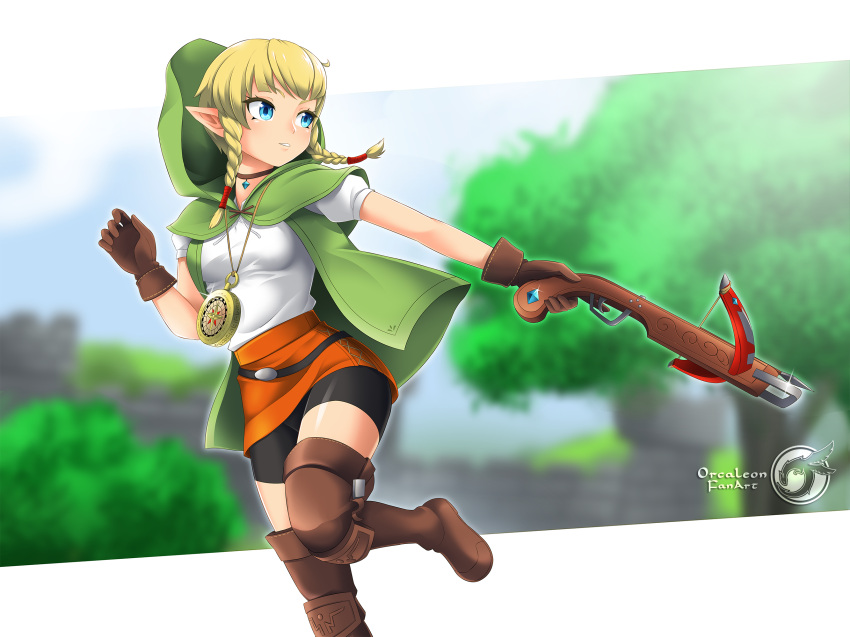 1girl, belt, bike_shorts, biodragon, blonde_hair, blue_eyes, blue_sky, boots, bow_(weapon), braid, capelet, castle, choker, compass, cowboy_shot, crossbow, gloves, highres, hood, jewelry, linkle, looking_back, necklace, outdoors, parted_lips, pointy_ears, running, shirt, short_sleeves, sidelocks, skirt, sky, solo, the_legend_of_zelda, thigh-highs, thigh_boots, tree, twin_braids, weapon, zelda_musou