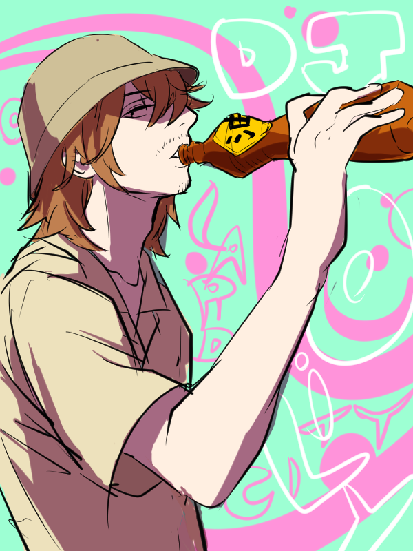 1boy, brown_hair, bucket_hat, character_name, drinking, facial_hair, hat, long_hair