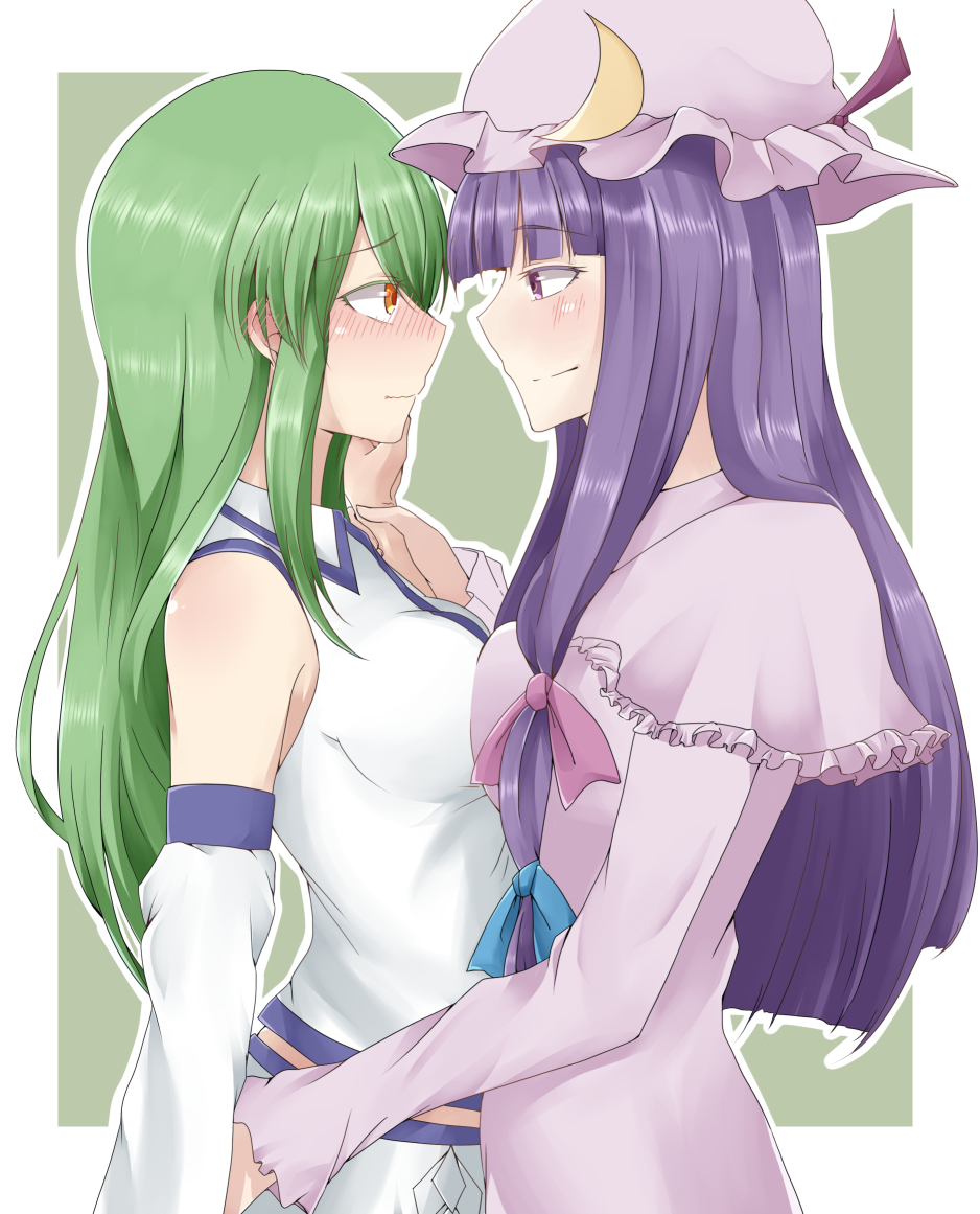 2girls, arm_holding, blush, breast_press, crescent, crescent_hair_ornament, detached_sleeves, dress, eye_contact, face-to-face, frilled_dress, frills, green_hair, hair_ornament, hat, hug, kochiya_sanae, long_hair, looking_at_another, mob_cap, multiple_girls, patchouli_knowledge, purple_hair, qia_jia_meow, red_eyes, ribbon, simple_background, smile, symmetrical_docking, touhou, violet_eyes, yuri